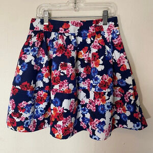 EUC Express Multicolor Floral Pattern Flare Red Pink White Blue Mini Skirt Sz 00